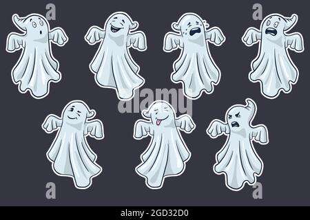 Cartoon Ghosts Stickers Set. Collection of hand drawn halloween cute spooks. Premium Vector Stock Vector