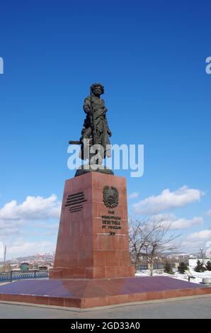 Statue in winter in Irkutsk in Siberia, Russia Stock Photo
