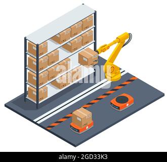 Isometric yellow robotic arm carry cardboard box in warehouse. Automated warehouse. Autonomous robot transportation in warehouses Stock Vector