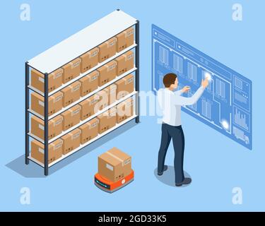 Isometric automated warehouse robots. Modern logistics center. Automated warehouse. Autonomous robot transportation in warehouses Stock Vector