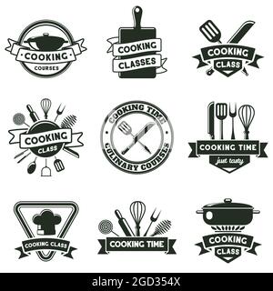 Kitchen food cooking, cutlery and kitchenware tools emblems. Culinary school labels, cooking classes badges vector illustration set. Food cooking Stock Vector