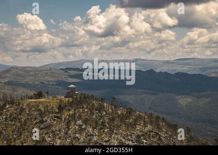 Forest Guard Tower in Mondim de Basto seen from Monte Farinha Stock Photo