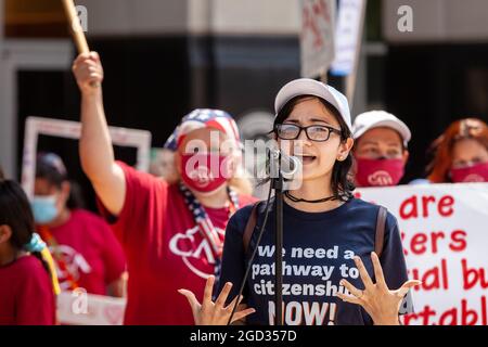 Washington, DC, USA, 10 August, 2021.  Pictured: Immigrants and supporters rally to demand that Immigration and Customs Enforcement (ICE) treat immigrants as people, not simply 'priority' or 'non-priority' categories.  Credit: Allison Bailey / Alamy Live News Stock Photo