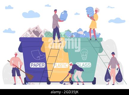 People sorting garbage, protecting environment from plastic solution. Collecting, sorting, recycling garbage activists vector illustration. Characters Stock Vector