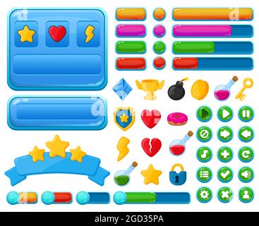 Cartoon user interface casual video games ui kit elements. Game interface buttons, menu elements and game trophies vector illustration set. Casual Stock Vector