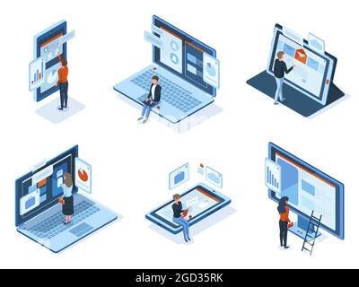 Isometric characters use technology gadgets interfaces. People work or study use laptop tablet smartphone screens vector illustration set. Characters Stock Vector