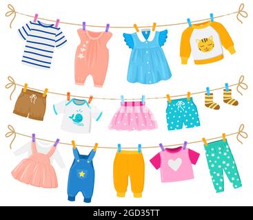 Cartoon childrens clean clothes dry hanging ropes. Kids cute garments shorts, dresses, shirts hanging clothesline vector illustration. Baby boy and Stock Vector