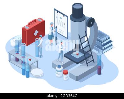 Isometric medical pharmaceutical research 3d laboratory. Science chemical laboratory scientists characters vector illustration. Genetic research and Stock Vector