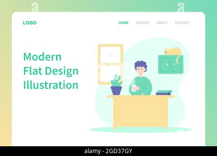 Landing page template of relaxation. Man relaxing and drinking coffee. Modern flat design illustration for website and mobile website. Stock Vector