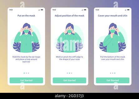 Mobile apps illustration of how to use a mask. Simple step by step how to use a mask. Modern flat design illustration for website and mobile website. Stock Vector