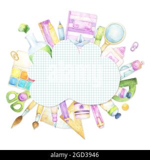 Colorful watercolor clipart composition with a cloud shaped text plate decorated with back to school items and art, craft supplies, notebook, pens Stock Photo