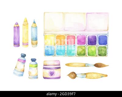 Hand painted watercolor art supplies set of isolated items on white background, including paint palette, pencils, paint tubes, gouache and brushes Stock Photo
