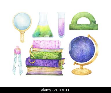 Set of back to school watercolor clipart items isolated on white background, including school supplies such as stack of books, globe, test tubes Stock Photo