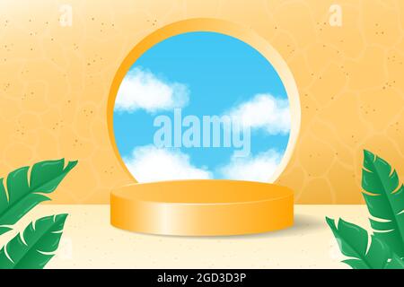 Beautiful Tropical 3d display yellow podium decoration in yellow nature background with realistic clouds and tropical plants. Product presentation sui Stock Vector