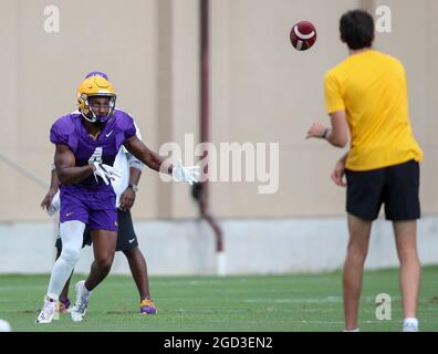 August 10, 2021: LSU defensive back Todd Harris Jr. (4) breaks on a pass during the first week of fall football camp at the LSU Charles McClendon Practice Facility in Baton Rouge, LA. Jonathan Mailhes/CSM Stock Photo