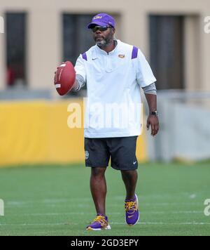 August 10, 2021: LSU Defensive Coordinator Daronte Jones does ball drills with his players during the first week of fall football camp at the LSU Charles McClendon Practice Facility in Baton Rouge, LA. Jonathan Mailhes/CSM Stock Photo