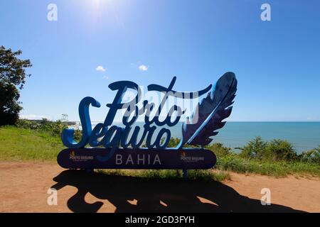 Porto Seguro, Bahia, Brazil - July 18, 2021: arriving signage tourism board with Porto Seguro inscription in large, colorful letters in the historic c Stock Photo