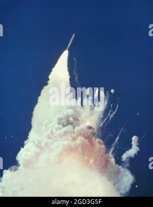 The Space Shuttle Challenger explodes 73 seconds after lift-off. Stock Photo