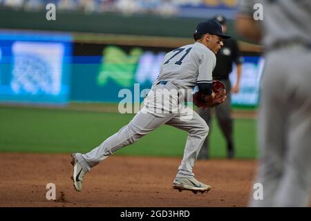 New York Yankees' Andrew Velazquez grounds out in his major league debut  during the second inning of a baseball game against the Kansas City Royals  at Kauffman Stadium in Kansas City, Mo.