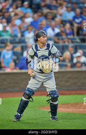 August 9 2021: New York catcher Kyle Higashioka (66) runs to first after  drawing a walk during the game with the New York Yankees and Kansas City  Royals held at Kauffman Stadium