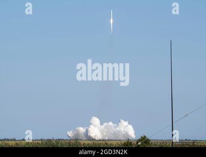 Atlantic Regional Spaceport, US,  Aug. 10, 2021, A Northrop Grumman Antares rocket carrying a Cygnus resupply spacecraft launches from Pad-0A of the Mid-Atlantic Regional Spaceport, Tuesday, Aug. 10, 2021, at NASA's Wallops Flight Facility in Virginia. Northrop Grummans 16th contracted cargo resupply mission with NASA will deliver nearly 8,200 pounds of science and research, crew supplies and vehicle hardware to the International Space Station and its crew. Mandatory Credit: Joel Kowsky/NASA via CNP