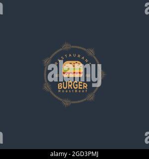 Vintage Ham Beef Patty Burger for Fast Food Restaurant Retro logo design Stock Vector