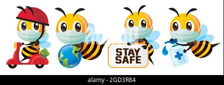 Cartoon cute bee global health awareness against virus in set. Cute bee wearing protective face mask for delivery, holding globe, holding stay safe si Stock Vector