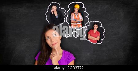Career choice student thinking of choosing future job employement options banner panorama. Asian girl dreaming of different education paths at college Stock Photo