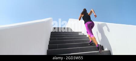 Stairs running workout athlete runner woman jogging doing hiit step up staircase high intensity interval training. Panoramic banner of active people Stock Photo