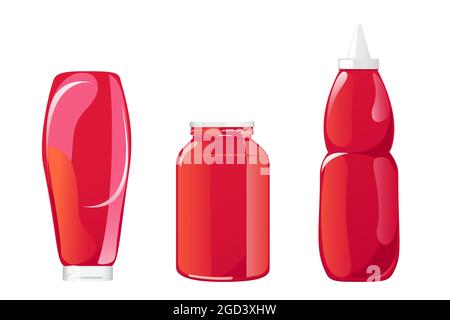 Tomato ketchup bottle. Red sauce container without label isolated on whie background. Vector illustration in cartoon flat style. Stock Vector