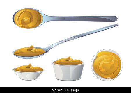 Mustard. Dijon honey sauce cream. Vector design in cartoon style for food branding. Stock Vector