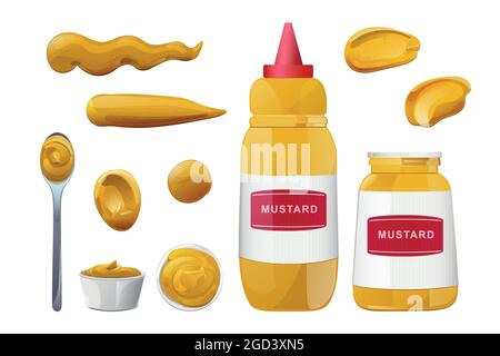 Mustard bottles and splashes set. Dijon honey sauce cream. Vector design in cartoon style for food branding. Stock Vector