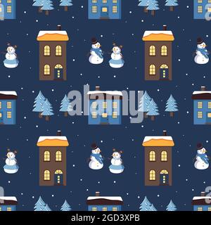 Seamless pattern with cute houses with a bright roof on the snow, snowmen and Christmas trees. Merry holiday print, New Year and Christmas decorations. Winter and festive background Stock Vector