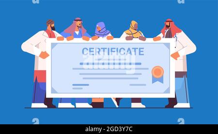 arab graduated doctors holding certificate arabic graduates celebrating academic diploma degree university medical education Stock Vector