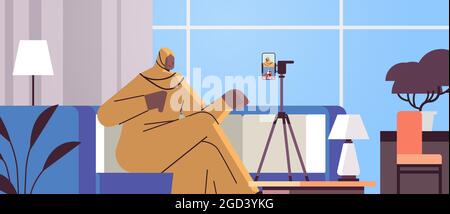arab woman podcaster blogger recording video blog podcasting broadcasting live streaming blogging concept Stock Vector