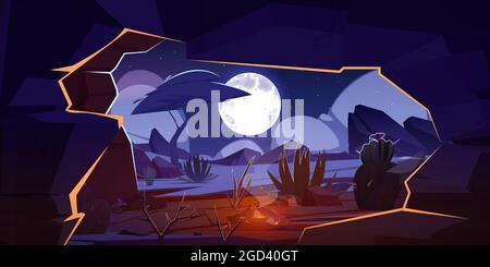 Cave with bonfire and night desert landscape. Stock Vector