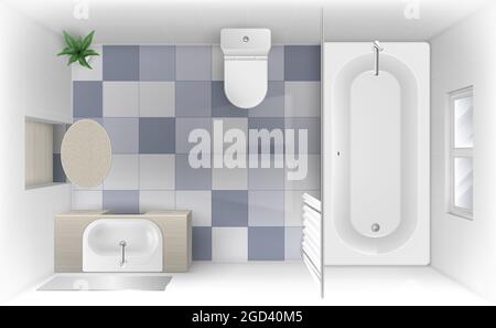 Bathroom with bath, sink and toilet bowl top view Stock Vector