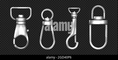 Realistic set of metal carabiners, lobster clasps Stock Vector
