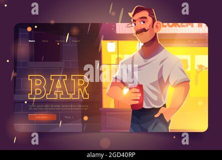 Bar website with man on background of pub front Stock Vector
