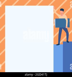 Man Drawing Standing Carrying Large Notebook While Showing Big Whiteboard. Gentleman Design Stands Holding Notepad Holds Giant Sheet Of Paper. Stock Vector