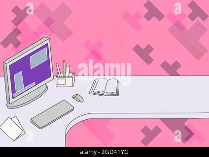 Office Desk Drawing With Computer Pen Holder And An Open Blank Notebook Arranged Properly. Table Top Design Keyboard And Monitor Stack Of Pencil Empty Stock Vector