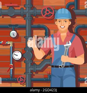 Service for Repair and installation. Water fittings. Pipeline for various purposes. Worker in uniform. Illustration vector. Stock Vector
