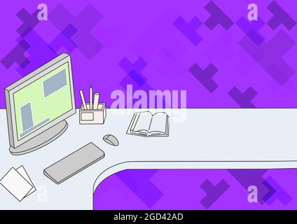 Office Desk Drawing With Computer Pen Holder And An Open Blank Notebook Arranged Properly. Table Top Design Keyboard And Monitor Stack Of Pencil Empty Stock Vector