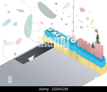 Illustration of a school building with the words Back to school. Funny bright vector poster welcoming students. Set with colorful titles and various school subjects in different color backgrounds. Vector illustration Stock Vector