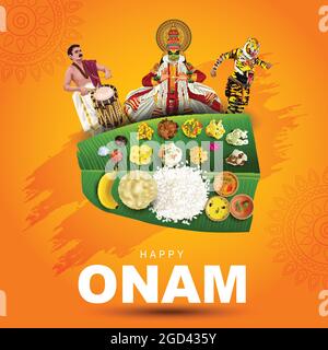 happy onam with kathakali and Kerala traditional food, use for poster, leaflet , banner Stock Vector