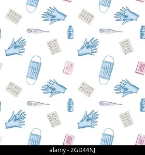 Seamless pattern with hand drawn pastel pills and medicines, medical face mask, sanitizer bottles, medical thermometer, soap, medical gloves Stock Vector