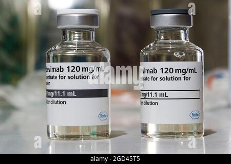 Berlin, Germany. 05th Aug, 2021. Ampoules with the drug Casirivimab stand on a table. The drug is used to treat patients infected with Covid-19. Credit: Carsten Koall/dpa/Alamy Live News Stock Photo
