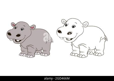 Coloring page for children, gray fat behemoth , hypopotamus. Vector illustration in cartoon style, isolated line art Stock Vector