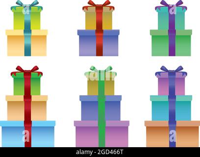 Set of six vector illustration of colorful gift boxes with ribbon and bow decoration isolated on white background. Stock Vector