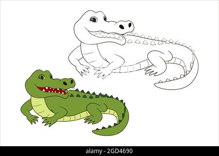 Cute green crocodile, coloring page for children. Vector illustration isolated line art, in cartoon style Stock Vector